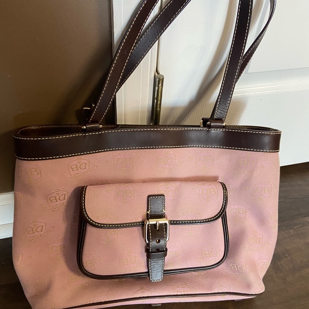 Vintage Dooney & Bourke Pink DB Monogram Tote Brown Leather Y2K EUC 15”
